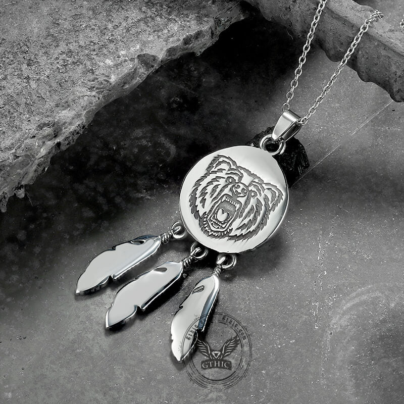 Vintage Feather Bear Head Stainless Steel Animal Pendant