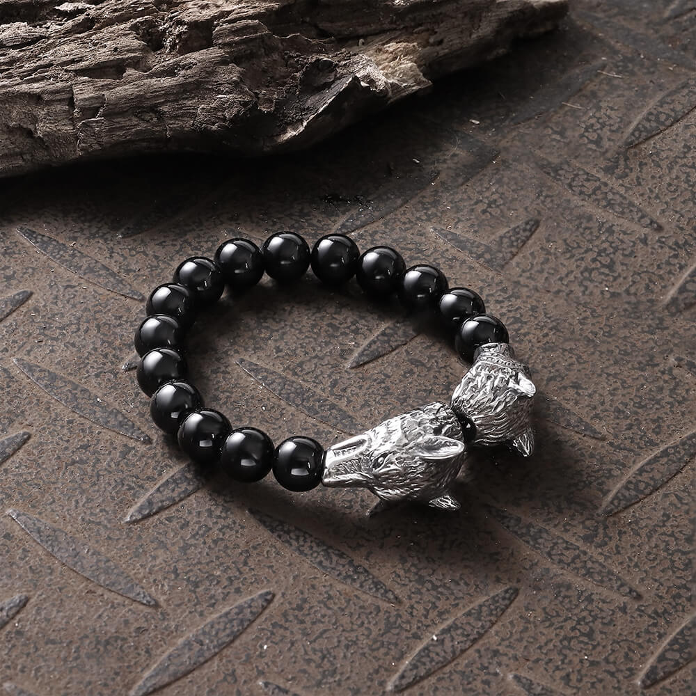 Wolf Glass Stone Stainless Steel Bracelet
