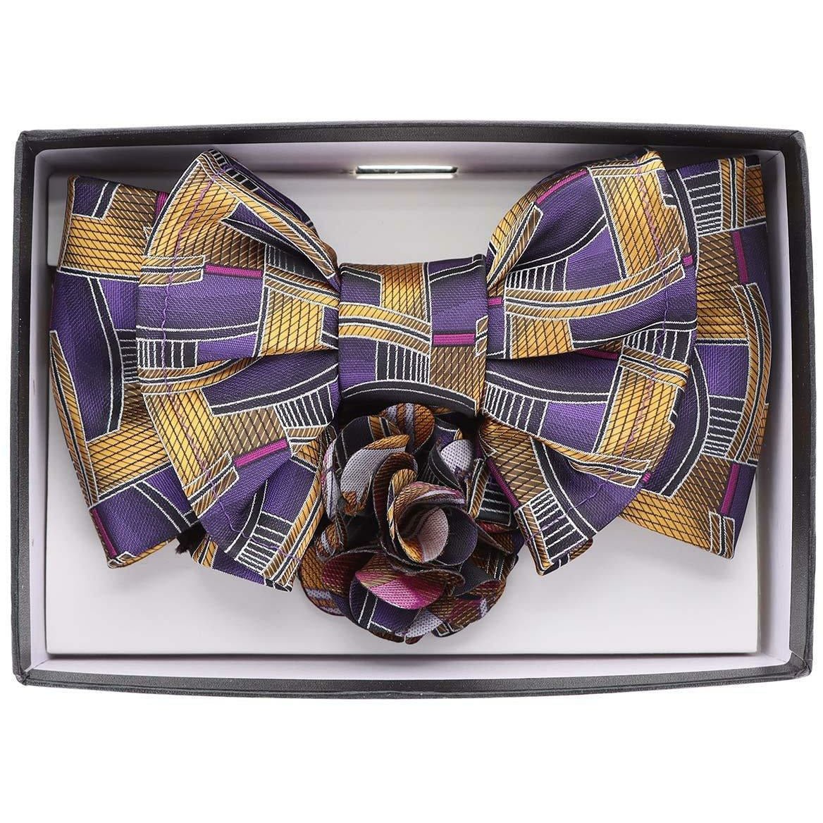 Vittorio Farina Men's Design XL Bow Tie, Pocket Square and Flower Lapel Pin in Gift Box