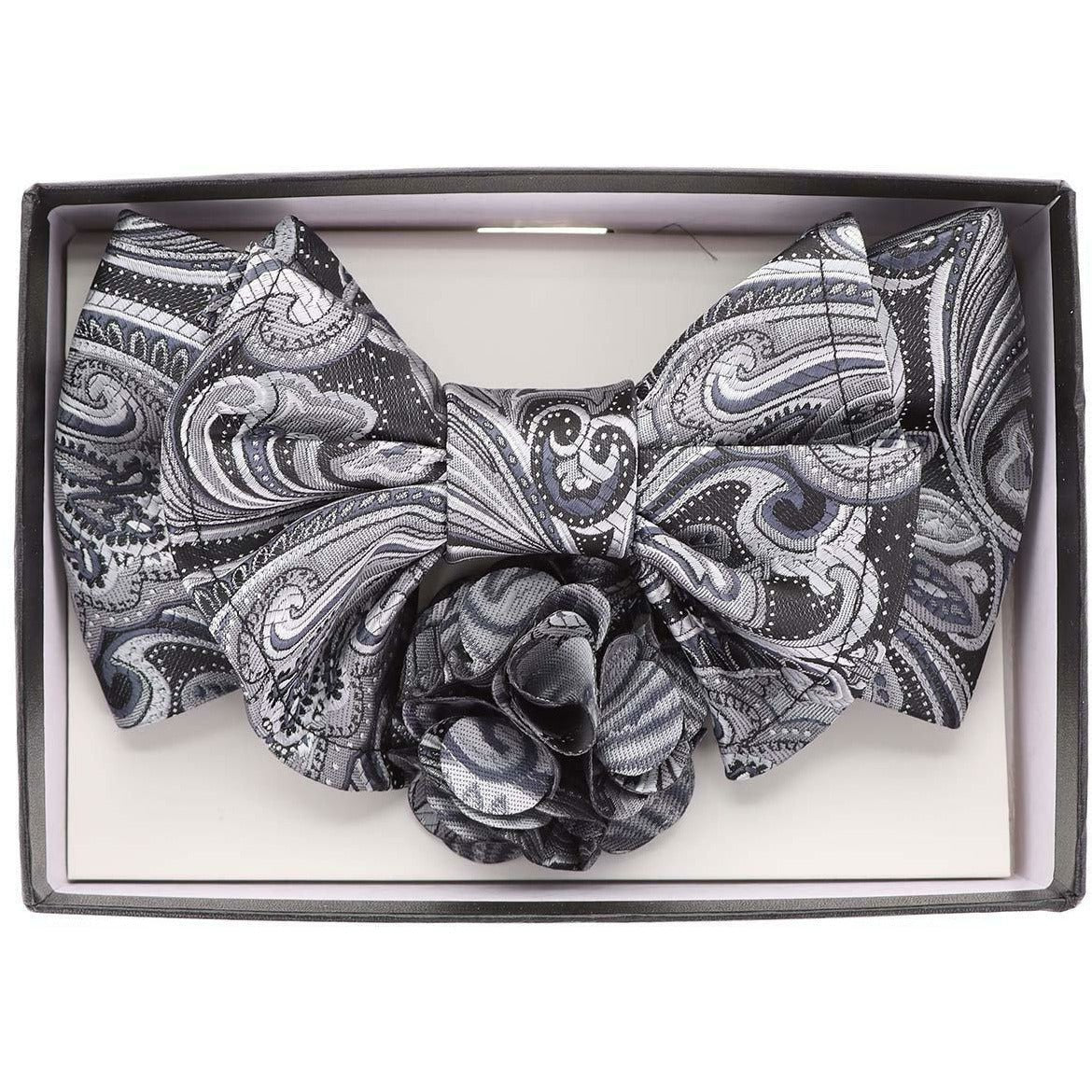 Vittorio Farina Men's Design XL Bow Tie, Pocket Square and Flower Lapel Pin in Gift Box