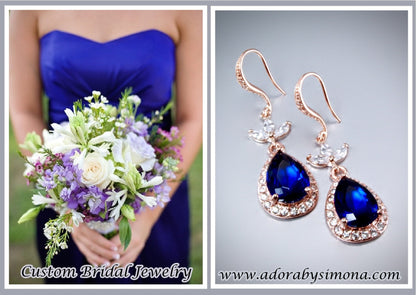 Skye - Rose Gold and Sapphire Blue Cubic Zirconia Bridal Earrings