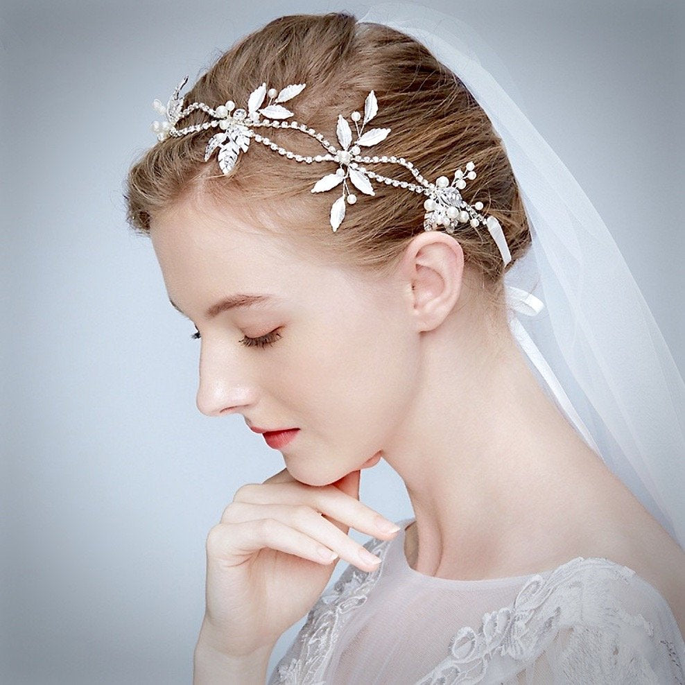 Melanie - Silver Pearl and Crystal Bridal Headband