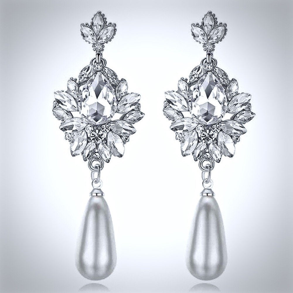 Valencia - Pearl and Crystal Bridal Earrings - Available in Silver and Gold