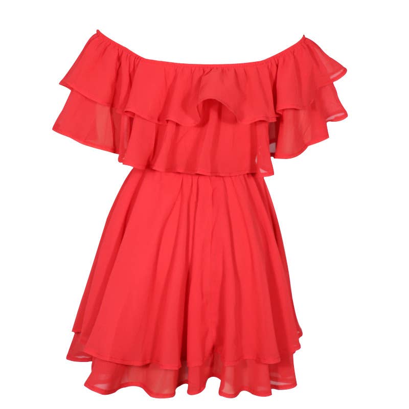 Chiffon Off The Shoulder Ruffle Layered Shirred Nimi Dress