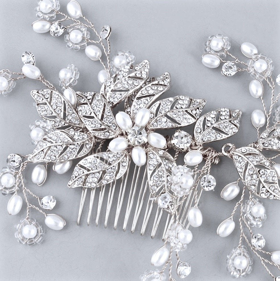 Lynn - Pearl and Crystal Bridal Hair Comb - Available in Rose Gold, Silver and Yellow Gold