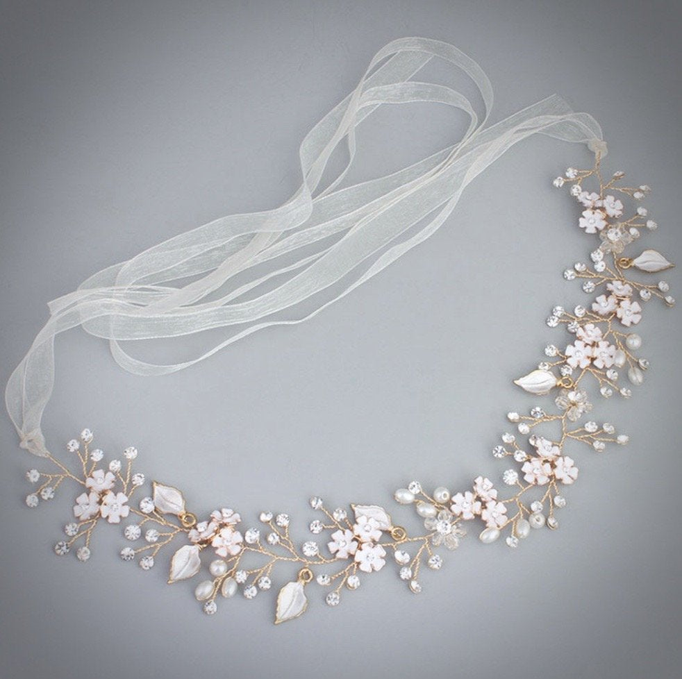 "Angelina" - Pearl and Crystal Bridal Headband - Available in Silver, Rose Gold and Yellow Gold