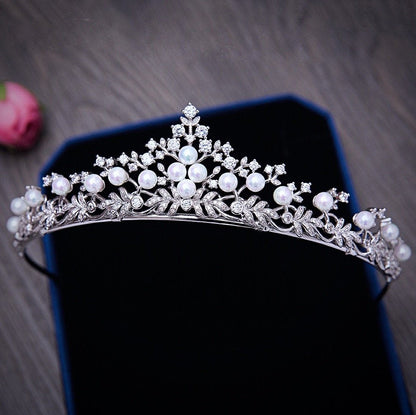 Louise - Silver Cubic Zirconia and Pearl 3-Piece Bridal Jewelry Set With Tiara