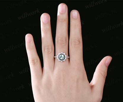 Round Cut Natural Green Moss Agate Engagement Ring Unique Double Halo Diamond Moissanite Black Spinel Wedding Ring 14k White Gold Bridal Ring