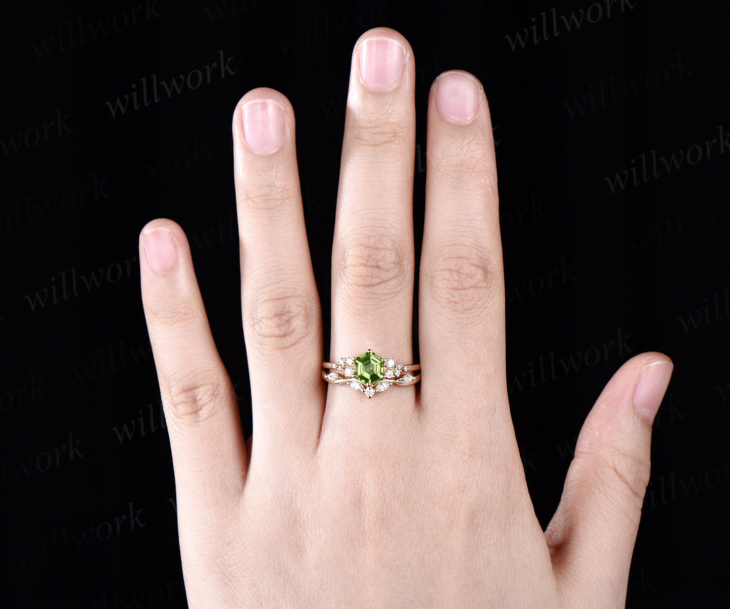 Hexagon Cut August Birthstone Natural Peridot Engagement Ring Set Unique Moissanite Snowdrift Cluster Ring 14k Yellow Gold 2pcs Bridal Ring Set