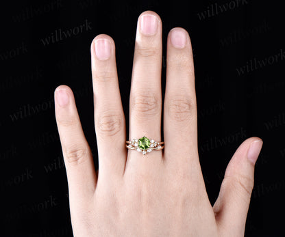 Hexagon Cut August Birthstone Natural Peridot Engagement Ring Set Unique Moissanite Snowdrift Cluster Ring 14k Yellow Gold 2pcs Bridal Ring Set