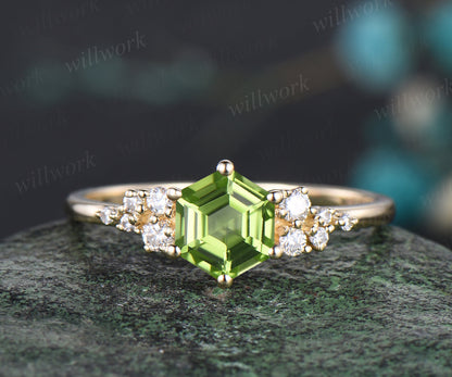 Hexagon Cut August Birthstone Natural Peridot Engagement Ring Set Unique Moissanite Snowdrift Cluster Ring 14k Yellow Gold 2pcs Bridal Ring Set