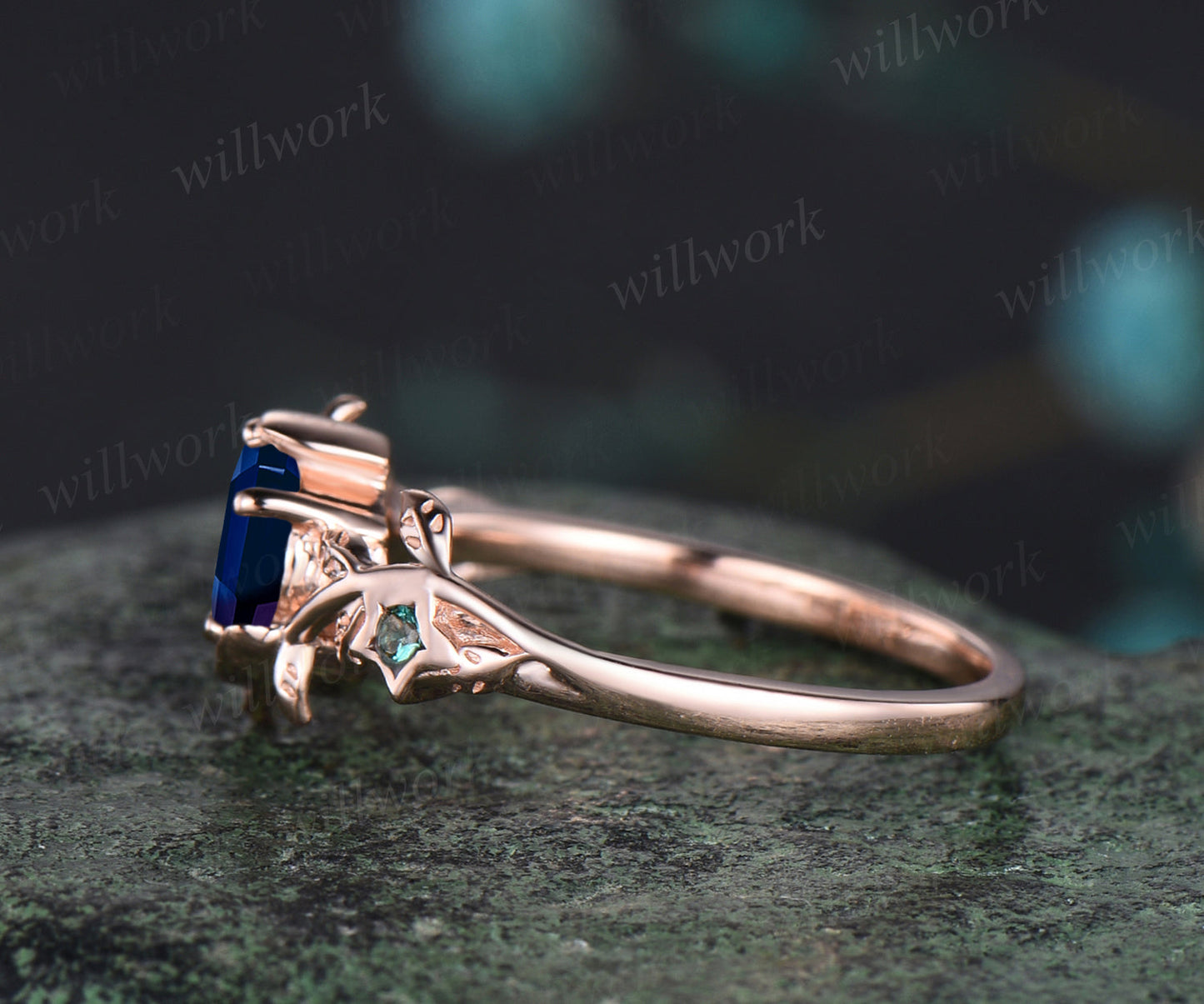 Unique Leaf Vine Twig Branch Nature Inspired Ring June Birthstone Round Cut Alexandrite Engagement Ring Emerald Art Deco Moon Star Bridal Ring