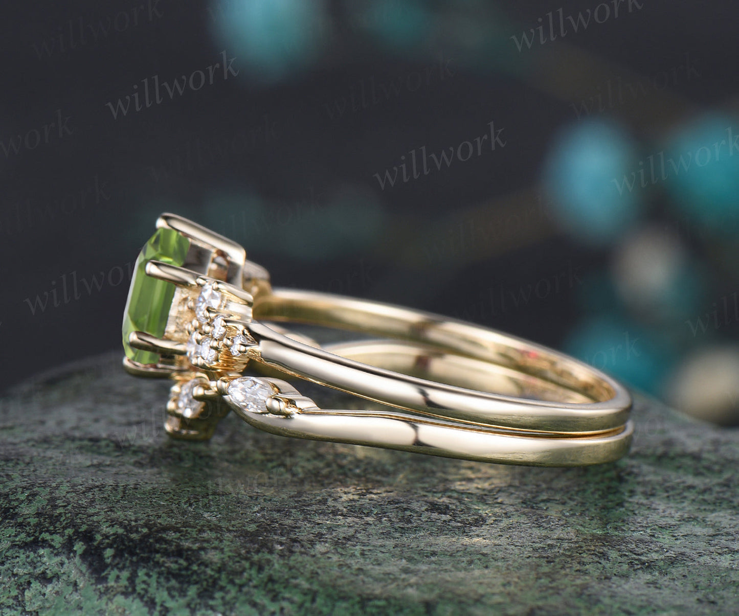 Hexagon Cut August Birthstone Natural Peridot Engagement Ring Set Unique Moissanite Snowdrift Cluster Ring 14k Yellow Gold 2pcs Bridal Ring Set