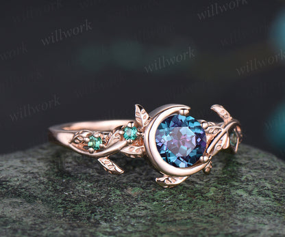 Unique Leaf Vine Twig Branch Nature Inspired Ring June Birthstone Round Cut Alexandrite Engagement Ring Emerald Art Deco Moon Star Bridal Ring