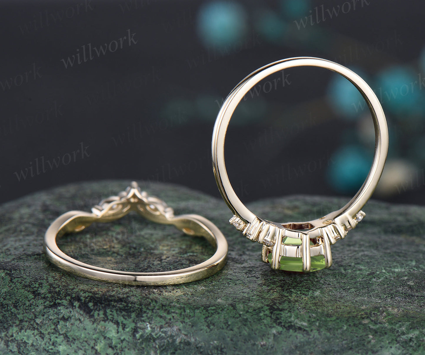 Hexagon Cut August Birthstone Natural Peridot Engagement Ring Set Unique Moissanite Snowdrift Cluster Ring 14k Yellow Gold 2pcs Bridal Ring Set
