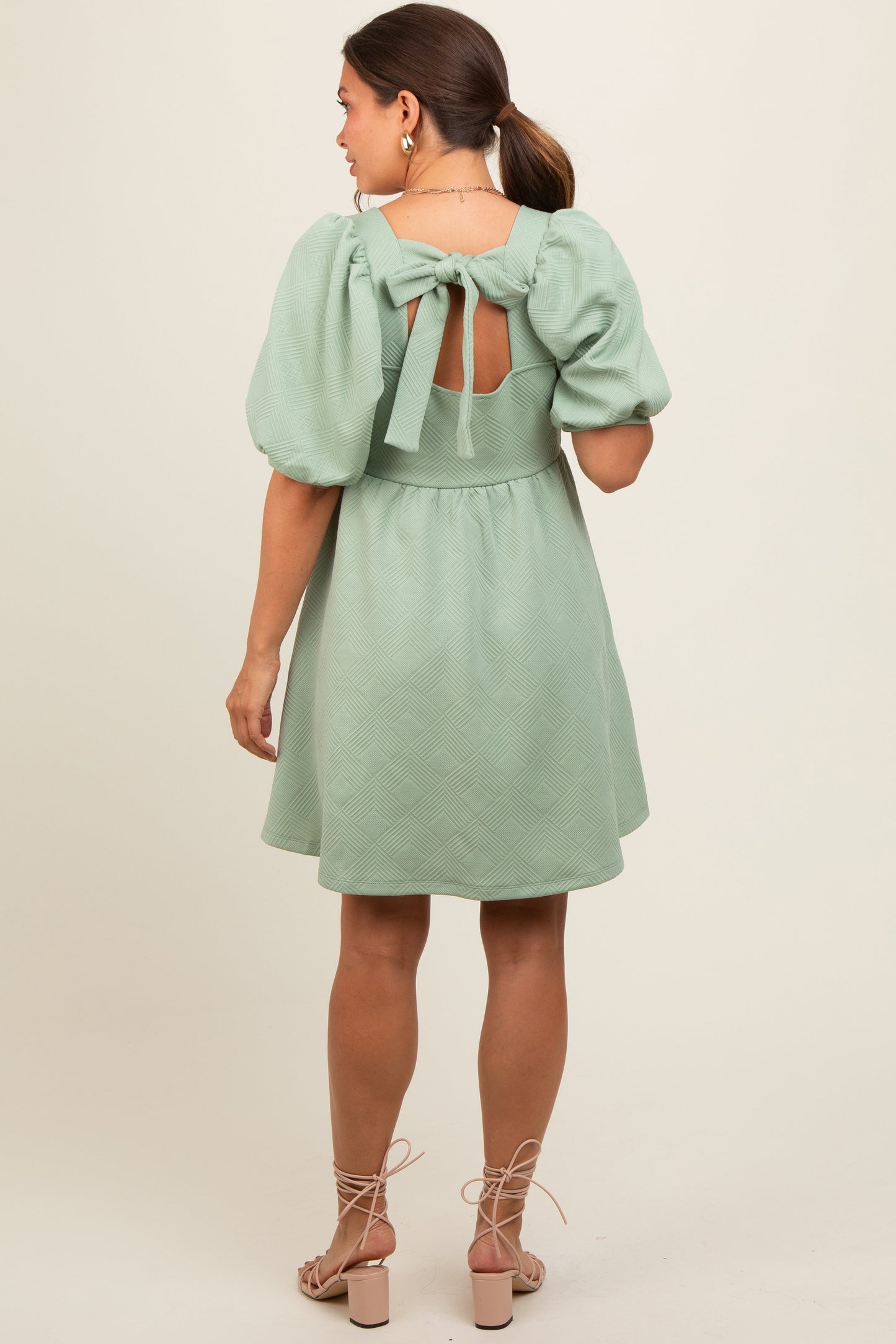 Mint Green Jacquard Puff Sleeve Maternity Dress