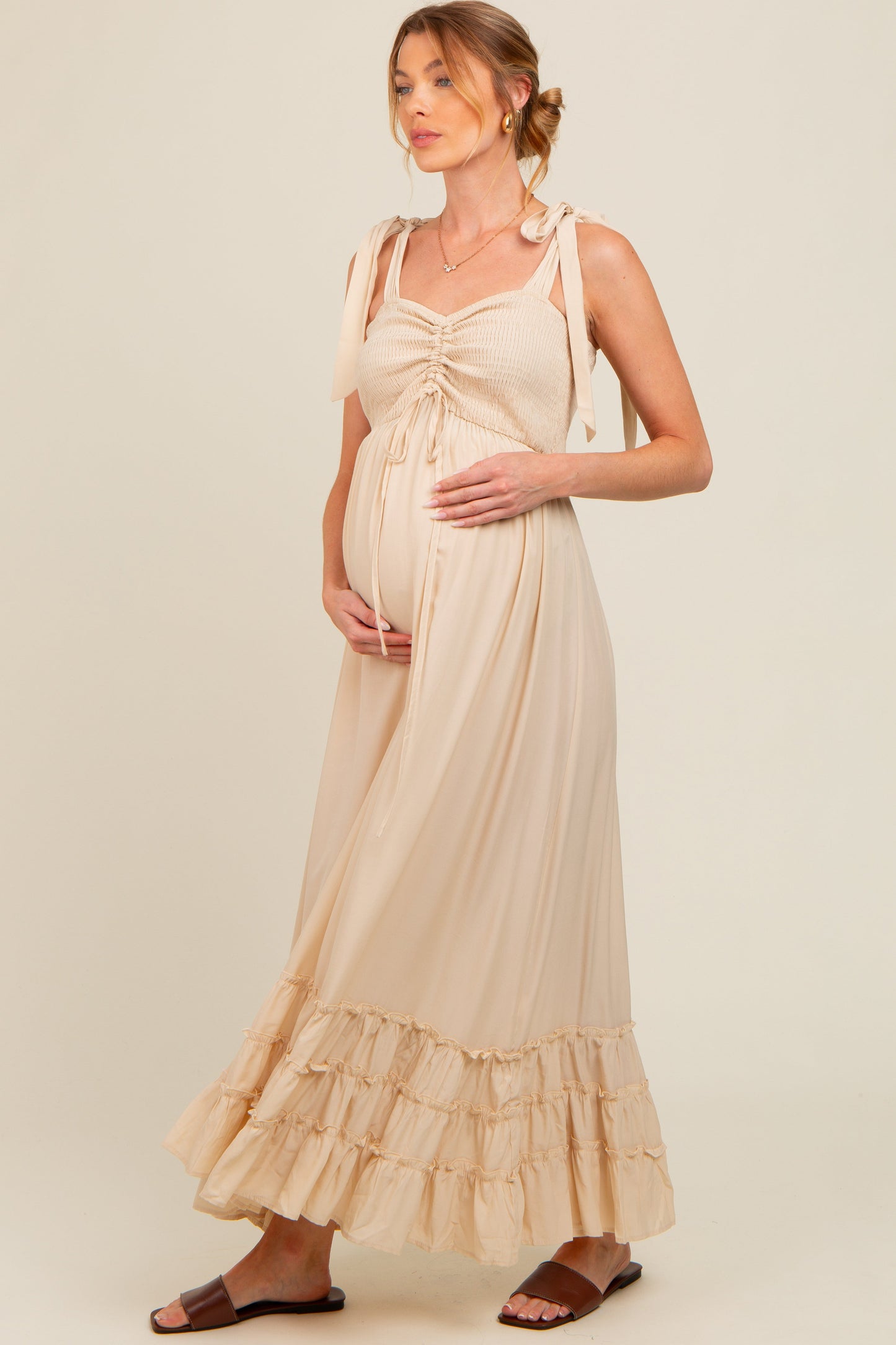 Beige Sweetheart Neck Smocked Shoulder Tie Maternity Maxi Dress