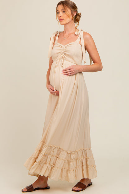Beige Sweetheart Neck Smocked Shoulder Tie Maternity Maxi Dress