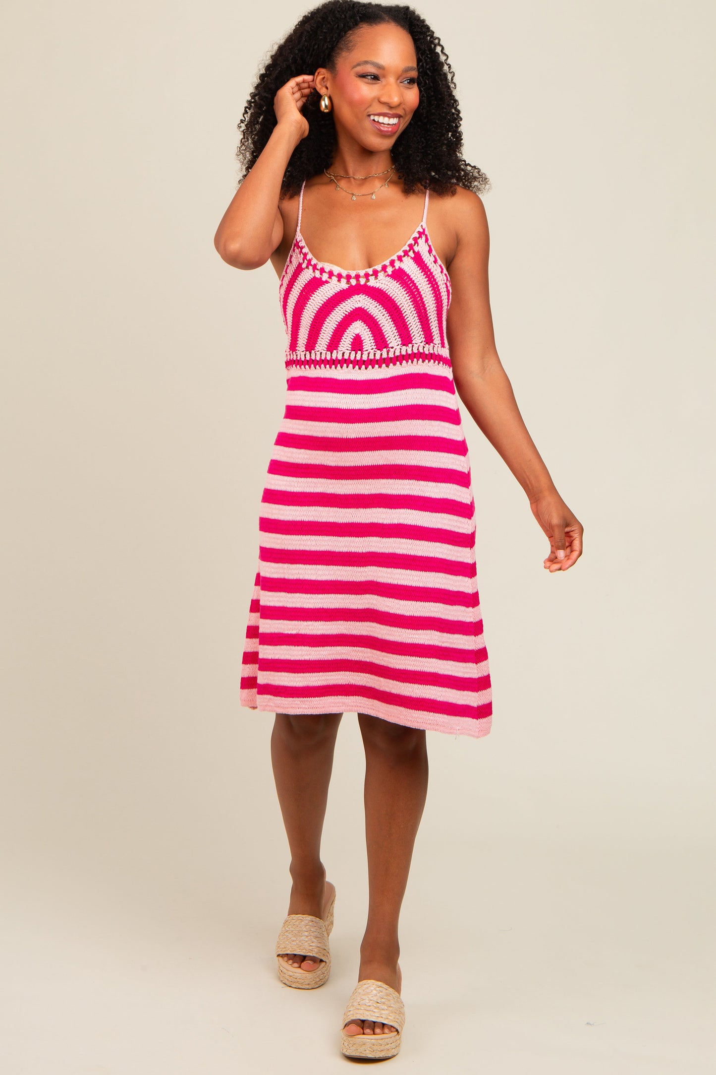 Pink Crochet Striped Sleeveless Dress