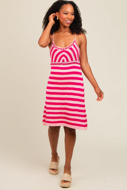 Pink Crochet Striped Sleeveless Dress