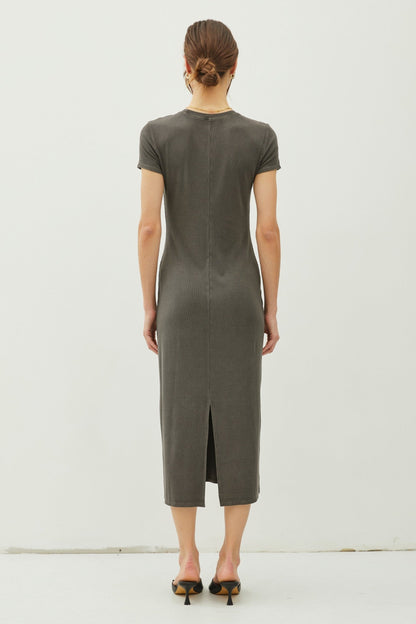 Charcoal Rib Knit Back Slit Dress