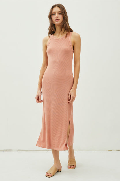 Rust Ribbed Knit Side Slit Sleeveless Dress