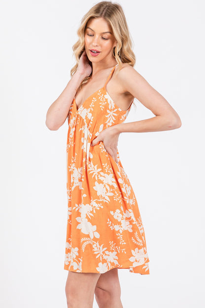 Orange Floral Back Cutout Dress