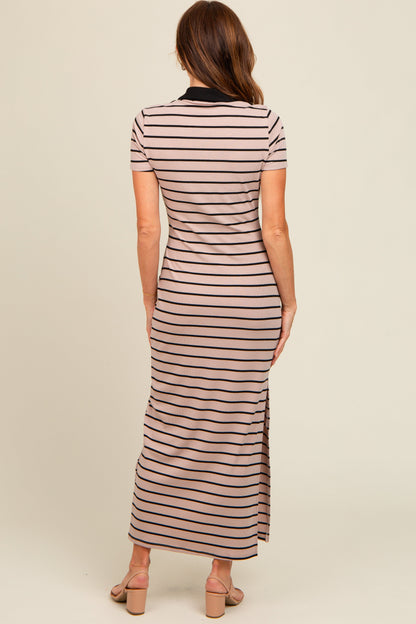 Mocha Striped Collared Side Slit Maxi Dress