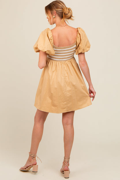 Beige Knit Contrast Poplin Maternity Dress