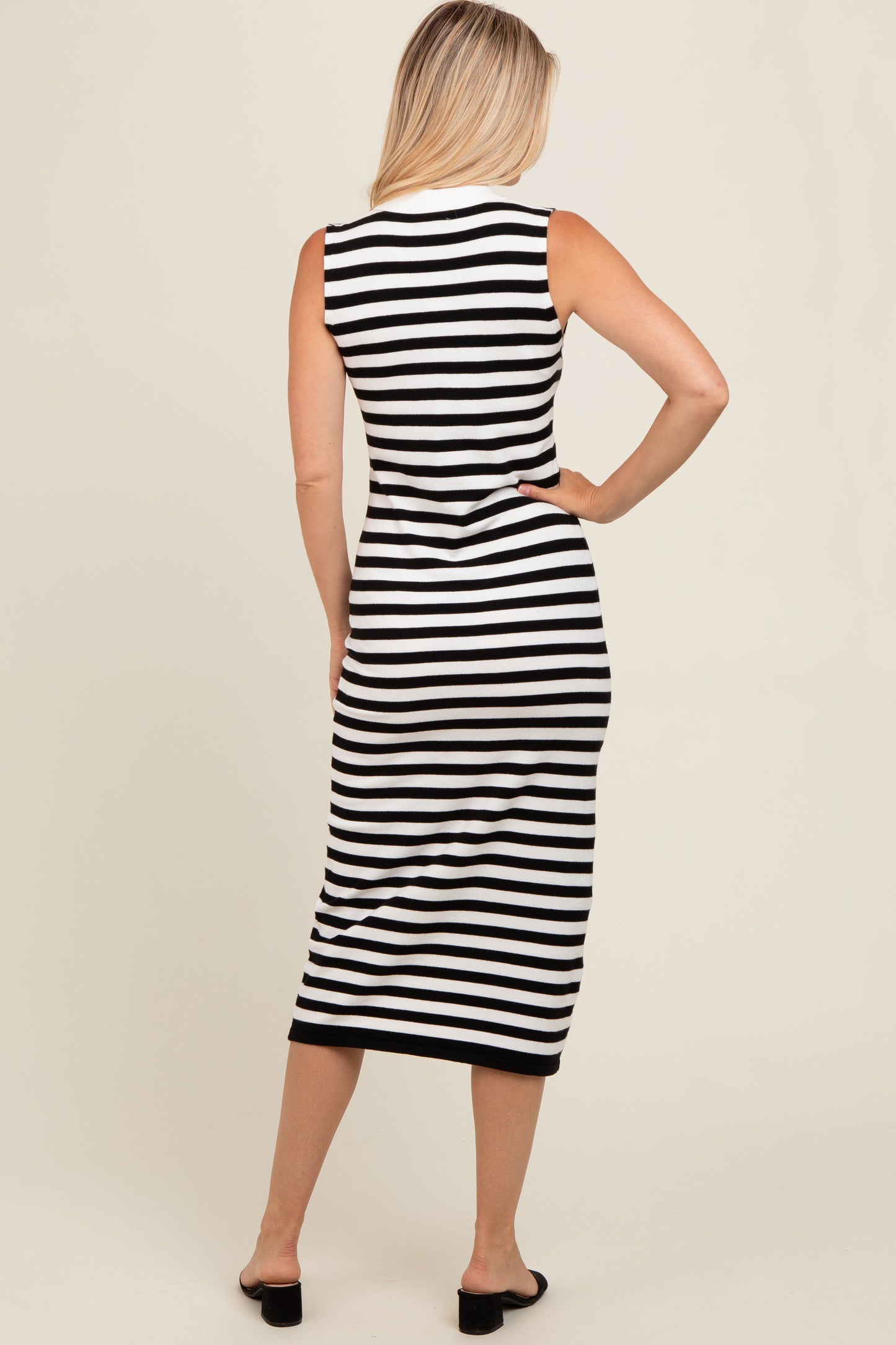 Black Striped Fitted Polo Midi Dress