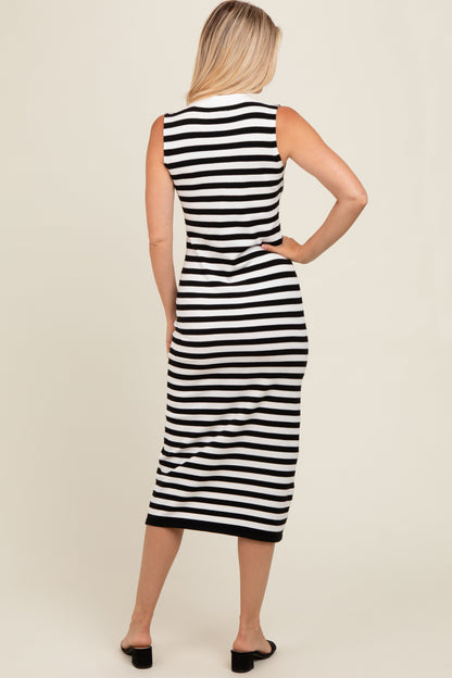 Black Striped Fitted Polo Midi Dress
