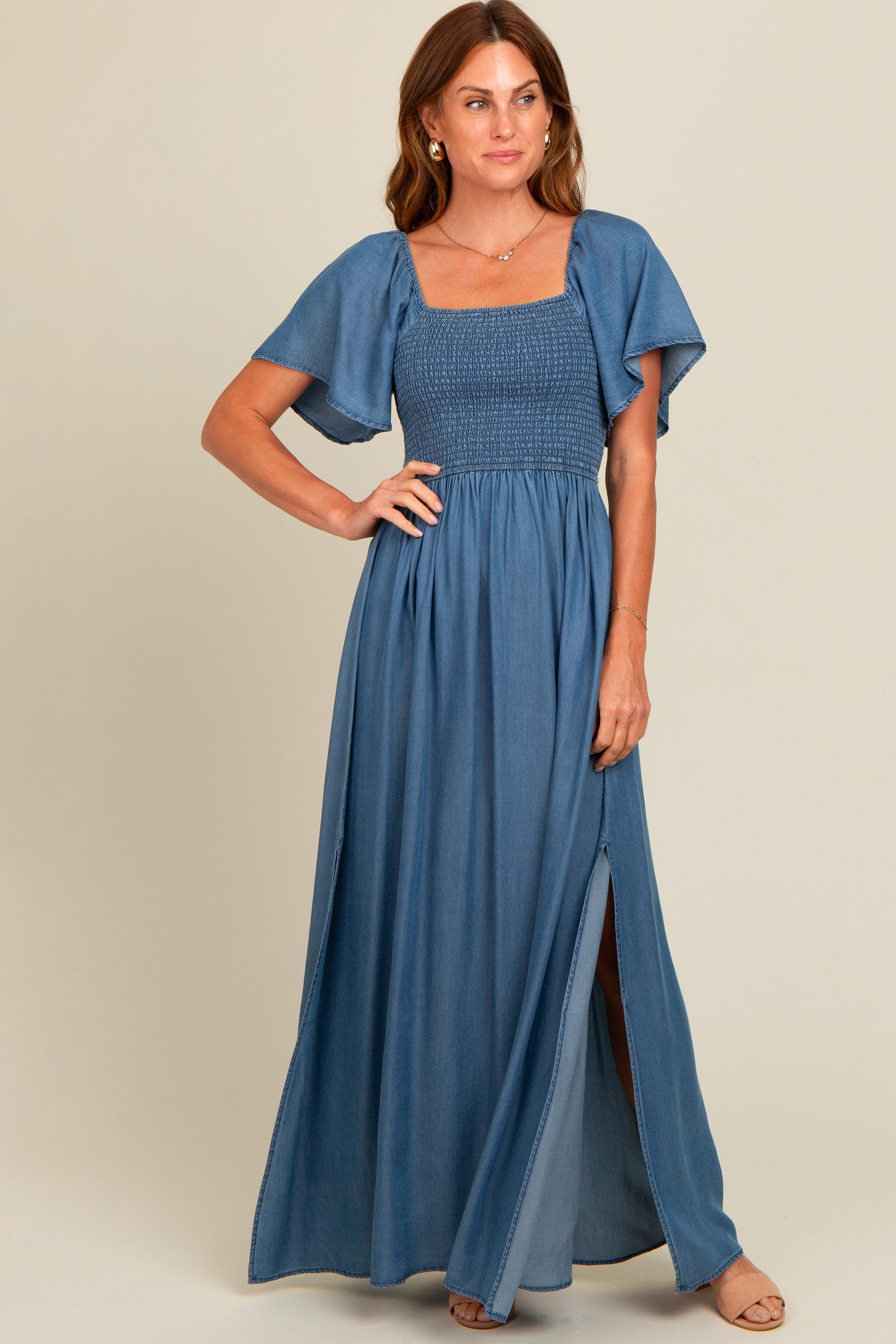 Blue Chambray Smocked Maternity Maxi Dress