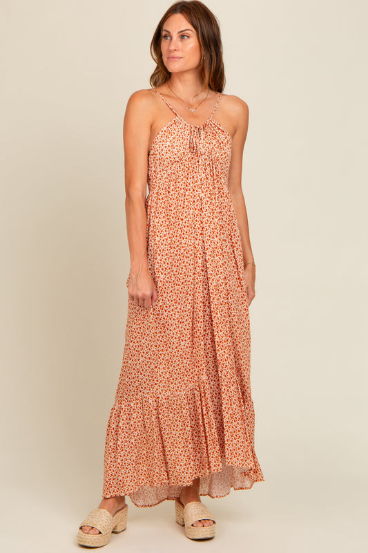 Beige Floral Tie Front Maxi Dress