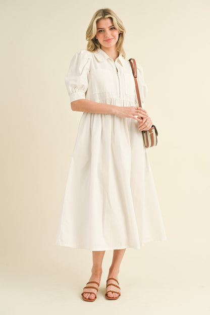 White Half Zip Midi Dress