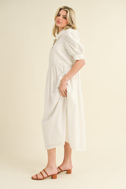 White Half Zip Midi Dress