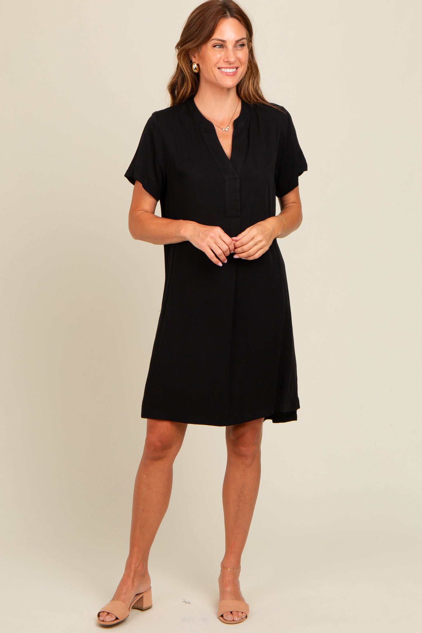 Black V-Neck Basic Shirt Dress