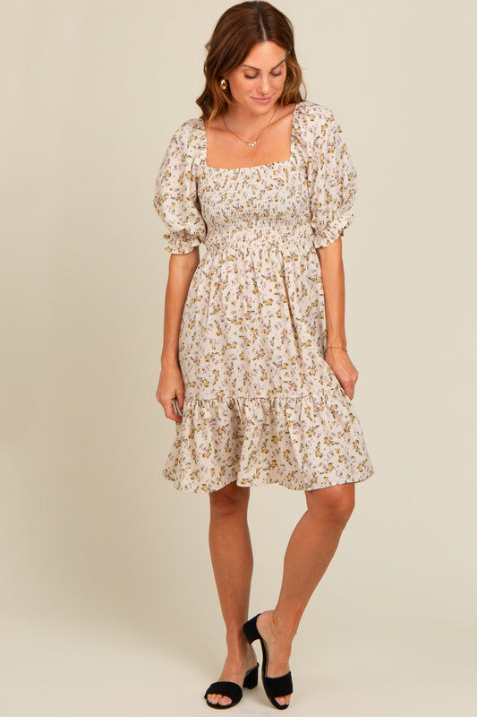 Cream Floral Smocked Puff Sleeve Dress