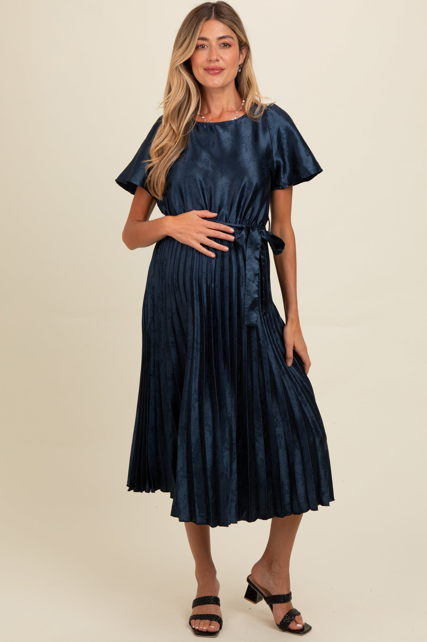 Navy Satin Pleated Sash Tie Maternity Midi Dress