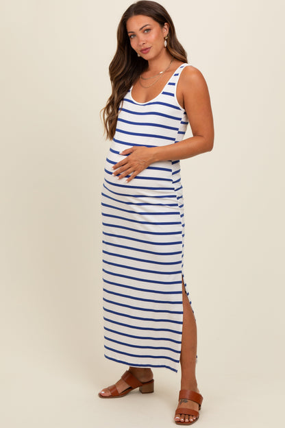 Royal Blue Striped Sleeveless Side Slit Maternity Maxi Dress