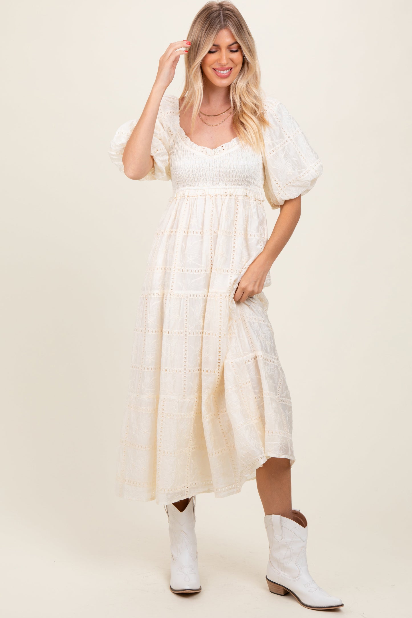 Ivory Smocked Puff Sleeve Maxi Dress