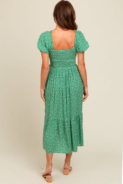Green Floral Smocked Ruffle Hem Midi Dress