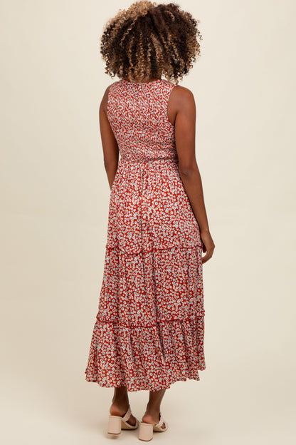 Rust Floral Sleeveless Ruffle Tiered Maxi Dress
