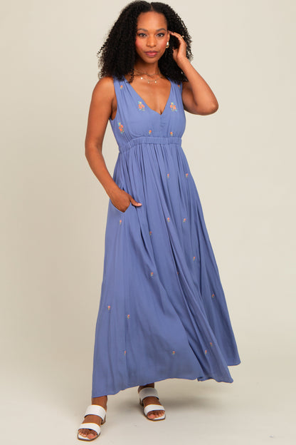 Perwinkle Floral Embroidered Sleeveless Maternity Maxi Dress