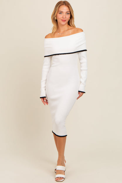 Ivory Knit Off Shoulder Contrast Ruffle Trim Maternity Dress