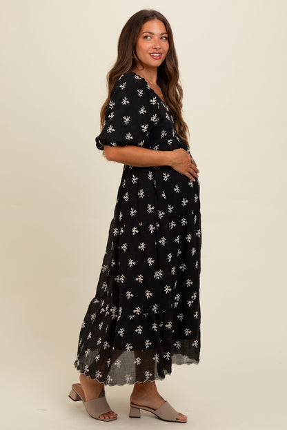 Black Floral Puff Sleeve Maternity Midi Dress