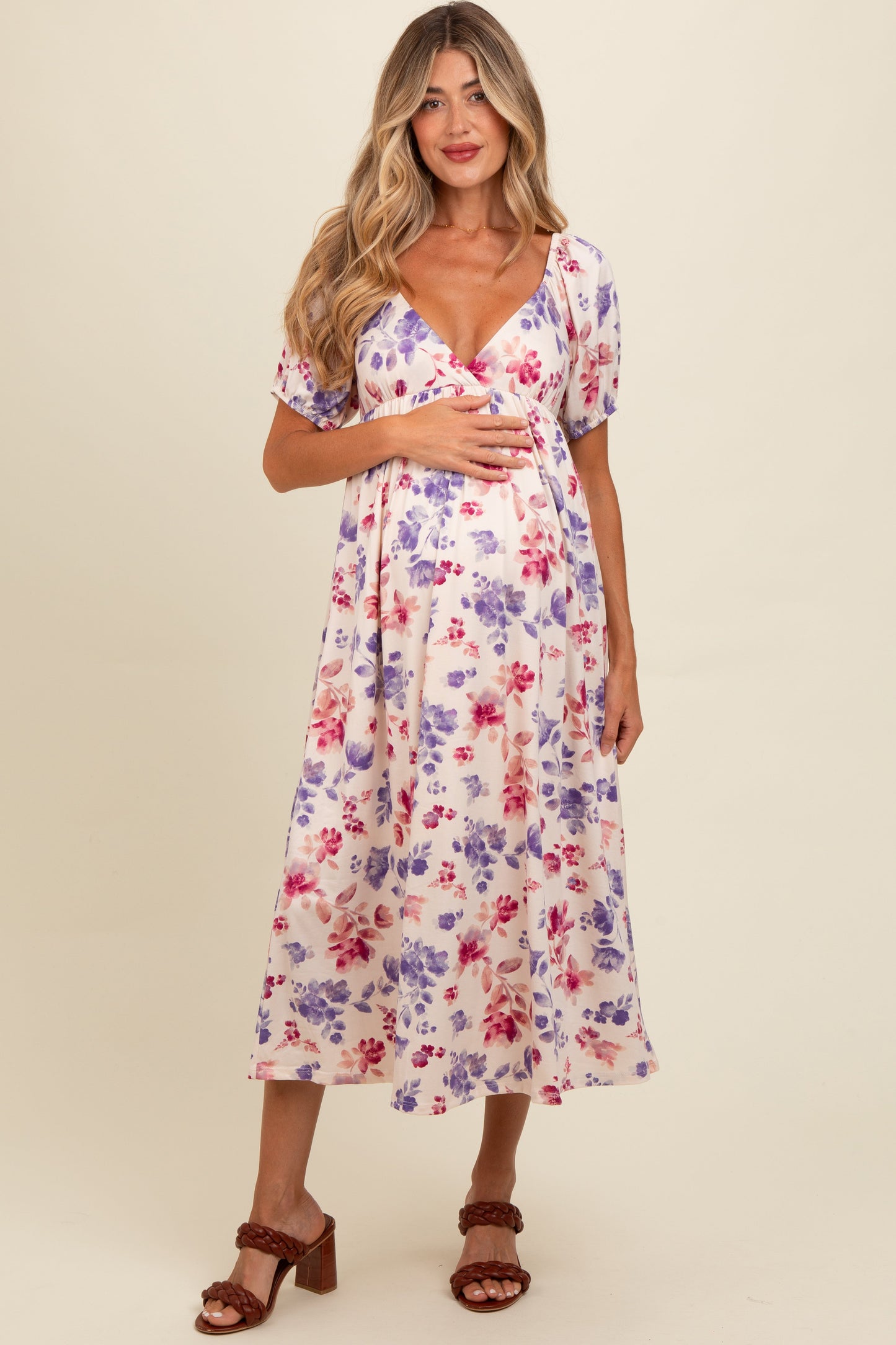 Ivory Floral V-Neck Maternity Midi Dress