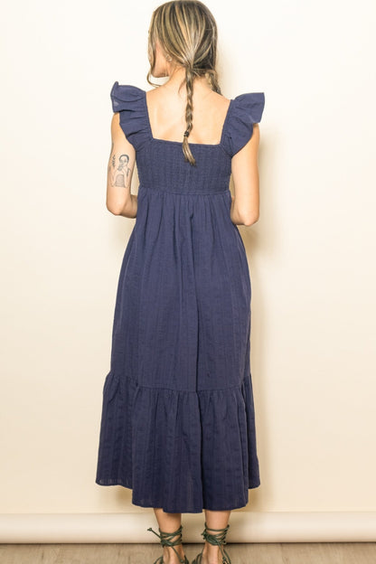 Navy Blue Textured Cotton Ruffle Strap Midi Dress