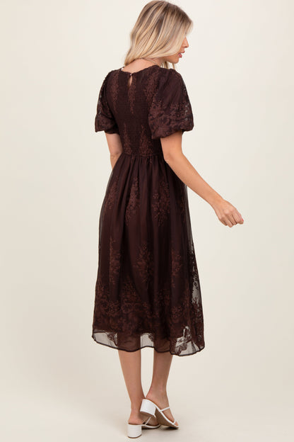 Brown Floral Embroidered Mesh Overlay Smocked Midi Dress