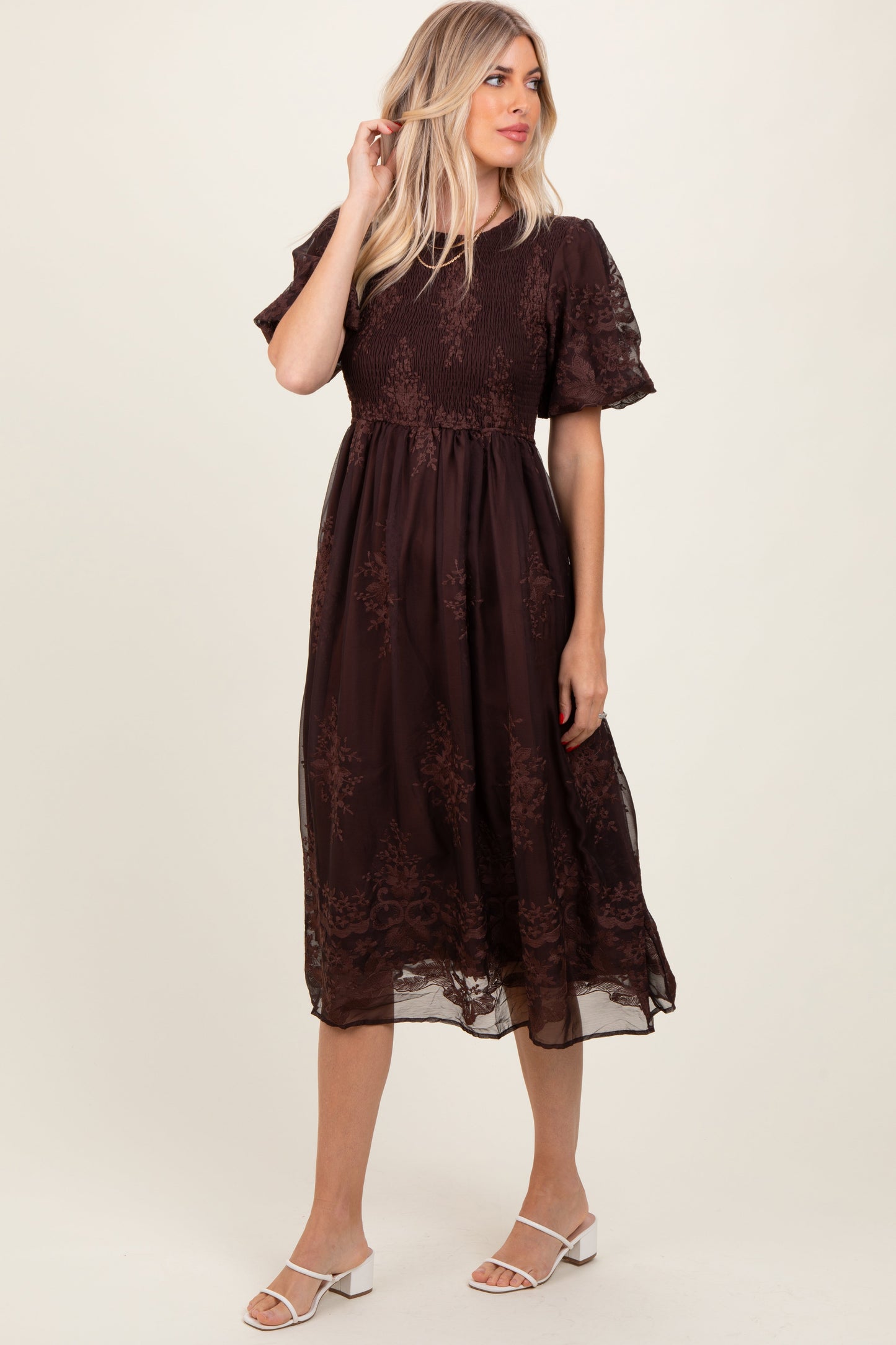 Brown Floral Embroidered Mesh Overlay Smocked Midi Dress