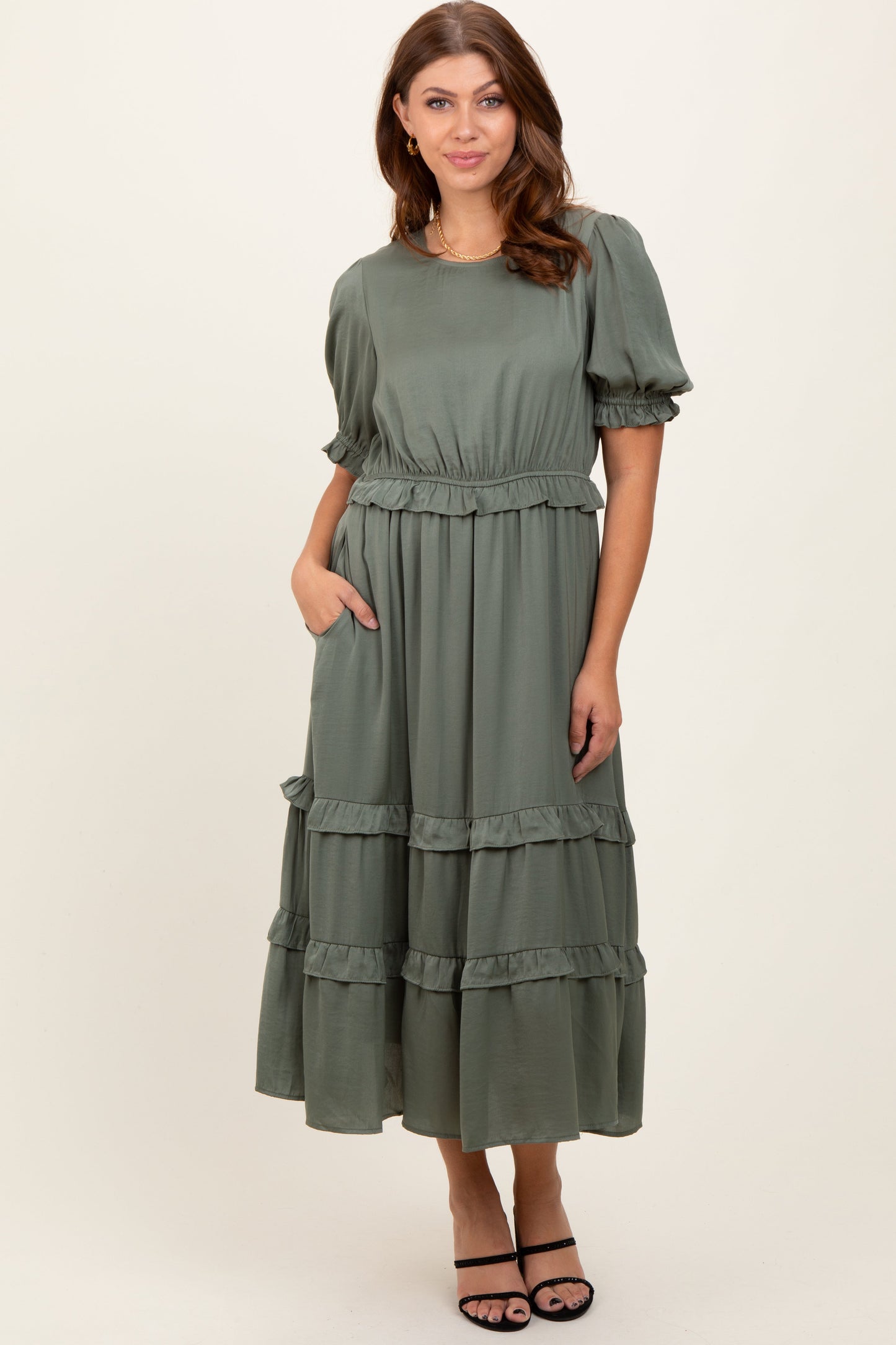 Olive Satin Ruffle Trim Maternity Midi Dress
